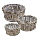 Pflanzschale aus Rattan im 3er Set - 30/26 / 21 cm - Blumentopf mit Folie ausgekleidet - Garten Deko Pflanztopf Weidekorb Blumenkorb Pflanzkorb Flechtkorb für Blumen