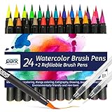 QBIX Pinselstifte Aquarell Set 26 Tlg.| Watercolor Brush Pen | Stifte zum Malen, Handlettering, Kalligraphie | Wasserstifte Aquarell nachfüllbar | Lettering Pens | Pinselstift Geschenke für Zeichner