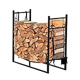 Holzregal für drinnen und draußen, Schmiedeeiserner Kaminholzständer, 100 cm lang, schwarz, Sandkörnung, matt, rechteckig, mit 4 Werkzeugen, 2 großen Haken, für drinnen und draußen, Kaminholzhalter