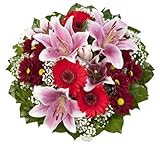 Dominik Blumen und Pflanzen, Blumenstrauß 'Charlotte' mit rosa Lilien, Chrysantheme, Gerbera und Schleierkraut