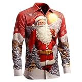 Weihnachtshemd, Herren, Langarm, Weihnachtshemd, Herren, große Größe, T-Shirt, Weihnachten, lässig, Poloshirt, Hawaiianisches Hemd, witzig, bedruckt, Bluse, #04-Rot, L