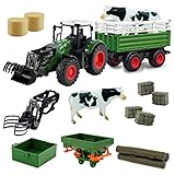 Hyrenee Farm Traktor Fahrzeuge Traktor Anhänger mit Greifer Round Bale Frontloade Tipping Anhänger Dünger Spreader mit Milch Kuh Ballen Farming Spielzeug Spielset für Jungen Kinder Kleinkinder