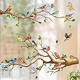 WandSticker4U®- XXL Fensterbilder Herbst VOGEL-TREFFEN I Fenster Aufkleber Fenstersticker selbstklebend Baum-Ast Zweige Pflanzen Blätter Wohn- & Schlafzimmer wiederverwendbar GROß