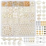 Dotilili Weiße Perlen zum Auffädeln, 4/6/8/10/12mm Unregelmäßige Geformte Kunstperlen und Bastelperlen Runde Beige Perlen Erwachsene Set mit Abstandsperlen Stopper Perlen für DIY Armbänder