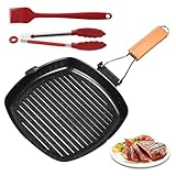 SPORWAY 24x24cmGrillpfann Induktion Gewellt: Antihaft Grillpfanne, Quadratische Grillpfanne, Steakpfanne, Grillpfanne Induktion mit Abnehmbarer Griff, Steakpfanne Induktion, mit Ausgießern für Kochen