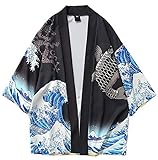 Siehin Herren Japan Happi Kimono Haori Cardigan Frühling-Sommer Jacke (L (Label:2XL), Schwarz)