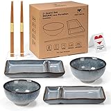 Sushi Geschirr set 'Misaki' Graublau für 2 Person, Sushi Set Japanischer Geschirr für Miso Suppe Maki Sushi Reis, Geschirr Set aus 2 Sushi Teller Set, 2 Schalen aus Keramik, 2 Paar Sushi Stäbchen