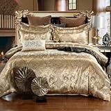 DXHOME Bettwäsche 135x200 cm Gold Beige Seide Satin Bettbezug Set 2teilig Glatt Glänzend Wendebettwäsche Microfaser Zweiteilig Jacquard Blumenmuster Bettwäschegarnitur Einzelbett mit Reissverschluss