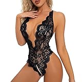 KOEMCY Sexy Body Dessous Damen Babydoll Body Damen Sexy Spitze Unterwäsche Teddy Bodysuit Tiefer V-Ausschnitt Reizwäsche One Piece Erotische Lingerie Negligee (Schwarz, XL)