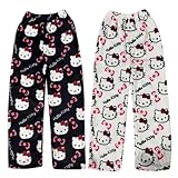 2 Stück 𝐇𝐞𝐥𝐥𝐨 𝐊𝐢𝐭𝐭𝐲 Pyjama Hose Damen Pyjamahose Lang Flanell Schlafanzug Hosen Kitty Schlafanzughose Anime Cartoon Kawaii Weich Bequeme Warme Schlafhose für Frauen Teenager Mädchen