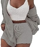 DIVAND Damen Casual 3-Teiliges Set Fluffy Plüsch Pyjama Langarm Samt Kapuzenjacke Mantel + Shorts + Crop Top Mode Winter Warm Halten Trainingsanzug,C,M