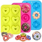 PHOGARY 3 Stück Silikon Donutformen, 6 Hohlräume Donut Backform Antihaft-Backblech, 260℃ Hitzebeständig, für Kuchen, Kekse, Bagels, Muffins (Runde, Blumen und Herz)