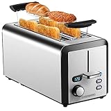 Toaster Langschlitz | 4 Scheiben Toastautomat | XXL | 1500 Watt | 6-Stufen Bräuneregler | Brötchenaufsatz | Auftau-Funktion | Krümelschublade | Edelstahl | Doppelschlitz | LED Display