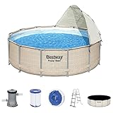 Bestway Power Steel Frame Pool Komplett-Set mit Filterpumpe Ø 396 x 107 cm , Rattan-Optik (Ecru), rund