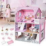 LARS360 Rosa Puppenhaus Holz Große Puppenvilla Mädchen Spielset mit Möbeln und Zubehör Dollhouse 3 Etagen Barbyhaus Leicht zu Montieren, Sicher und Umweltfreundlich (60x24x70cm)