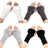 TAGVO 4 Paar Damen Fingerlose Handschuhe, Warme Halb Fingerlose Strickhandschuhe für Alltagskleidung, Winter Armstulpen Handschuhe Fingerlos Warm Plüsch Gestrickte Kurze Fäustlinge für Damen Mädchen