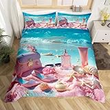 Ozean Thema Bettwäsche Set 135x200 Hawaii Urlaub Stil Bettbezug für Jungen Mädchen Kinder Shell Seesterne Druck Tröster Bezug Romantische Thema Rosa Tagesdecke Ozean Strand Dekor Bettwäsche