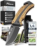 BERGKVIST® K29 Klappmesser Olivenholz (Einhandmesser) - 3-in-1 Outdoor Messer mit Titanium-Veredelung - ausgezeichnet mit dem Bronze A' Design Award 2021 - inkl. Feuerstahl & Tasche