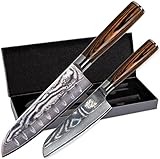 Wolfblood Damastmesser-Set 2er (30cm und 24cm) Profi-Damast-Küchenmesser Set aus 67 Lagen Damaststahl & VG10 Santokumesser Klinge I Santoku-Damastmesser Set mit Holzgriff Geschenkbox & Klingenschutz