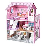 FIVMEN Puppenhaus Holz Dollhouse 3 Etagen Puppenhäuser mit Möbeln und diversen Zubehör für Große Puppen Spielzeug für ab 3 Jahre mädchen, 60x24x70cm