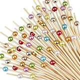 ALINK 200 Stück Cocktailspieße Naturholzspieße mit Gold Acrylperle Holz Zahnstocher Cocktailsticks, Cocktail Pick,Food Sticks für Bar Party, Grillen Snacks, Obst-Spieß, Antipasti(12cm)(Farbig)