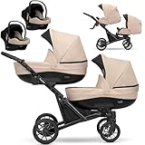 KUNERT BOOSTER 3in1 2in1 Kinderwagen Komplettset Zwillingskinderwagen Babywagen Kombikinderwagen Komplettset Geschwisterwagen Kinder Wagen set Zwillingsbuggy Doppelkinderwagen (Creme, 3 in 1 Cosmo)