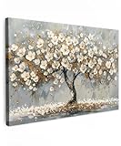 MuchoWow© Leinwand Bilder Groß 120x80 cm XXL Wanddeko Wohnzimmer Aesthetic Room Decor Deko Zimmer Wandbilder Modern Bild auf Leinwand Baum - Blumen - Weiß - Natur - Kunst