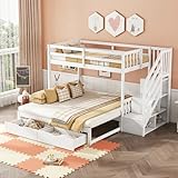 Etagenbett Kinderbett 90 × 200cm mit Ausziehbett und Schubladen, Holzbett Hochbett mit Treppe und Offenes Ablagefach, Stockbett Funktionsbett mit Rausfallschutz und Lattenrost für 2-3 Kinder, Weiß