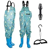 BTONGE Wathose Kinder Anglerhose Wathose mit Stiefel PVC/Nylon Wasserdicht Matschhose Wathose Angler Angeln & Jagd Wathose Watstiefel Regenhose für Jungen Mädchen Kleinkind Kinder, 33 EU Blau