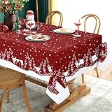 Yrendenge Weihnachtstischdecke Rot Tischdecke Abwaschbar Outdoor Tischtuch Rechteckig wasserdichte, Cartoon Häuser Baum Elch Tablecloth für Winter Ferien Wohnkultur, 130 x 220 cm