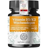 Vitamin D3 K2 Wochendepot - 180 vegane Tabletten - 7000IE D3 + 140µg K2 pro Tablette mit 99,7% all-trans - Hochdosiert & vegan - Laborgeprüft, in Deutschland produziert