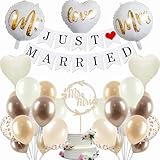 Hochzeitsdeko Just Married Deko, Mr & Mrs Deko Hochzeit, 57 Stück Luftballons Hochzeit 12 Zoll Helium Ballons Hochzeit mit Just Married Girlande, Cake Topper Hochzeit und Herzluftballons