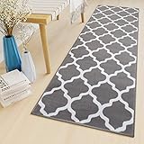 TAPISO Luxury Läufer Teppich Meterware Flur Kurzflor Brücke Modern Grau Weiß Geometrisch Marokkanisch Gitter Schlafzimmer ÖKOTEX 80 x 200 cm