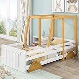 Merax Autobett Kinderbett 90x200cm, Bett mit Lattenrost und MDF-Rädern, Kinder Spielbett mit Rausfallschutz, Rahmen aus Kiefer, Kindermöbel, für Jungen und Mädchen, Weiß + Natur