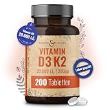 Vitamin D3 K2 Tabletten -200 Tabletten - Vitamin D Hochdosiert 20000 IE + 200µg Vitamin K2-Mk7 - D3 K2 Depot - Premium Qualität - Vegetarisch - Laborgeprüft