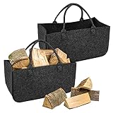 FIVMEN 2 Stück Filztasche Faltbar Filzkorb Holzkorb mit Griffen Kaminholzkorb Brennholzkorb Shopper für Kaminholz Brennholz, 50x25x25 cm, Dunkelgrau