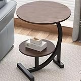 acfeco Beistelltisch C-Form, Couchtisch Rund Modern, Kleiner Beistelltisch Nussbaum Holz Metallgestell 2 Ablagen für Kaffee und Laptop Wohnzimmer Schlafzimmer Arbeitszimmer Sofatisch