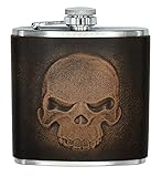 Flachmann Skull Totenkopf Biker Taschenflasche Trinkflasche 6oz Edelstahl echt Leder geprägt Handarbeit Antik-Patina Motorradfahrer Motorrad Heavy Metal pocket flask bottle Flasche, Farbe:braun