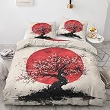 ZyxMehtic Kirschblüten Bettwäsche 155x200 Orientalischer Japanischer Bettwäsche-Set 3teilig, Mikrofaser WendeBettwäsche - 1 Bettbezug mit Reißverschluss und 2 Kissenbezüg 80x80 cm