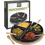 Moritz & Moritz 4x Schwarze Dipschalen Set mit Brett Holz - Dip Schälchen für Snacks - Snack Schalen Set Keramik - Dip Schalen Set - Kleine Schüsseln als Saucenschälchen, Snackschalen, Dessertschalen