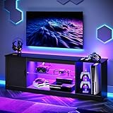 Bestier TV-Schrank, Lowboard für 65 Zoll & kleinere TVs,148 x 35 x 52 cm, Fernsehschrank mit RGB-LED-Leuchten,Fernsehtisch mit verstellbaren Glasböden für Wohnzimmer Schlafzimmer, Schwarze Kohlefaser