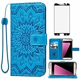 Asuwish Handyhülle für Samsung Galaxy S7 Edge Hülle mit Glas Folie Schutzfolie und Kartenfach Klappbar Leder Geldbörse S7Edge 7S S 7 Edge SM-G935F Handy Hüllen Mandala Schutzhülle Phone Case Blau