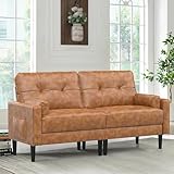 Aotumm Ciort Sofa 2 Sitzer, Modernes Sofa Dicken Polstern, 2 Kissen, Bequemes Ledersofa mit 2 Staufächern für Wohnzimmer/Schlafzimmer/Büro, Leicht zusammenzubauendes Sofa Klein 2 Sitzer, Braun