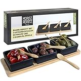 Moritz & Moritz 3X Schwarze Dipschalen Set mit Brett Holz - Dip Schälchen für Snacks - Snack Schalen Set Keramik - Dip Schalen Set - Kleine Schüsseln als Saucenschälchen, Snackschalen, Dessertschalen