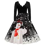 Weihnachtskleid Damen, Weihnachts Halloween Kleid, Weihnachts Cocktailkleid, Langarm A-Linie Seil Weihnachtskleider Schneeflocke Weihnachtsmann Druck Kleider Festival Karneval Kleidung