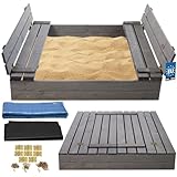 KOTARBAU® Sandkasten mit Abdeckung Sandkasten Holz 120x120 cm imprägniert mit Sitzbänken Grau Holzsandkasten Sandbox mit Deckel Sandkasten mit Deckel Holz Sandkiste mit Abdeckungen