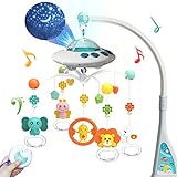 Eners Baby Mobile Babybett mit Musik und Lichtern, Bett Mädchen Junge mit Fernbedienung, Spieluhr，Stern und Mond Projektion, Spielzeug 0 3 6 9 12 Monate (Blau)