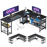 ODK Gaming Schreibtisch L-Form mit Reversibler Anordnung, Schreibtisch mit Großer Stauraum, Eckschreibtisch Schwarz mit 2 Steckdosen und 2 USB Ladeanschluss, 168×120cm