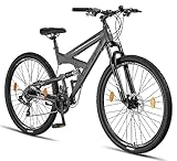 Licorne Bike Strong 2D Premium Mountainbike in 26, 27.5 und 29 Zoll Fahrrad für Jungen Mädchen Damen und Herren Scheibenbremse vorne und hinten 21 Gang Schaltung Vollfederung (29 Zoll, Anthrazit)