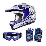 SLMOTO Dot Youth Kids Helmet Motocross Offroad Street Helmet Motorcycle Dirt Bike Motocross ATV Blue Skull Design Helmet + Goggles + Gloves Large